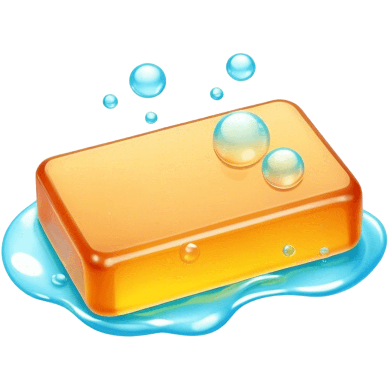 Soap making icon, soap bar with bubbles, melting ingredients like oils and lye, vibrant colors, minimalistic style, clean lines, transparent background. emoji