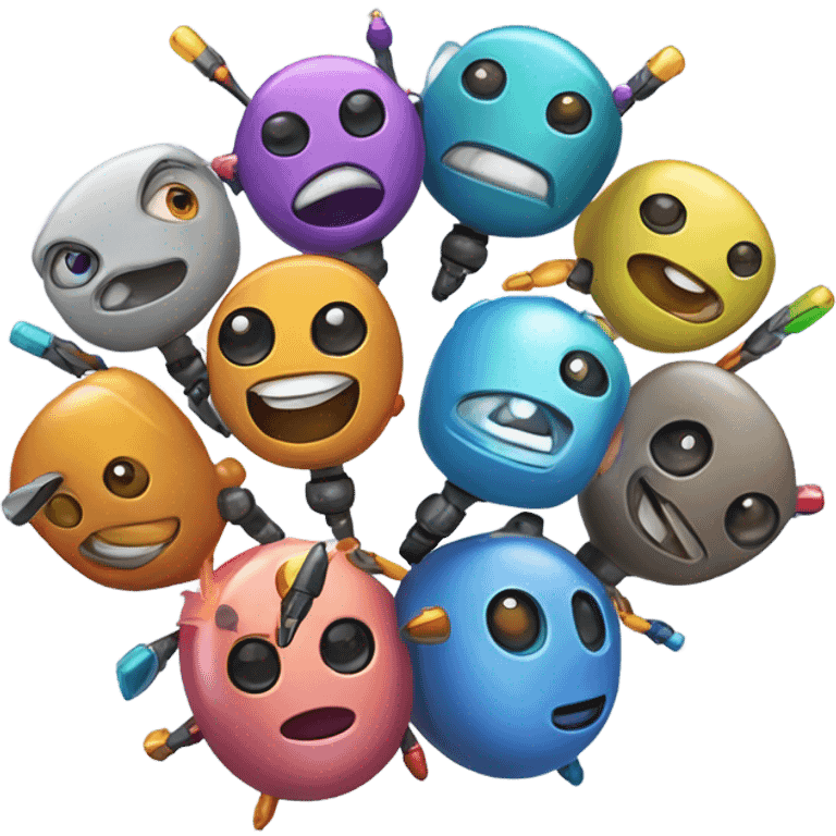 AI swarms, inspired by nature, are networks of agents that collaborate, compete, and evolve autonomously. Create an emoji for "AI must be created by AI," showing agents interacting, evolving, and showcasing unique personalities. emoji