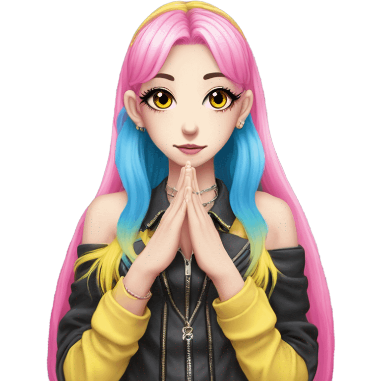 Blue eyed long eye lashes pout blonde and pink hair pale hime gyaru girl, hot pink and yellow split-dyed hair, nose ring, elf ears, dark makeup, punk clothes standing next to three diffrent men praying on their knees emoji