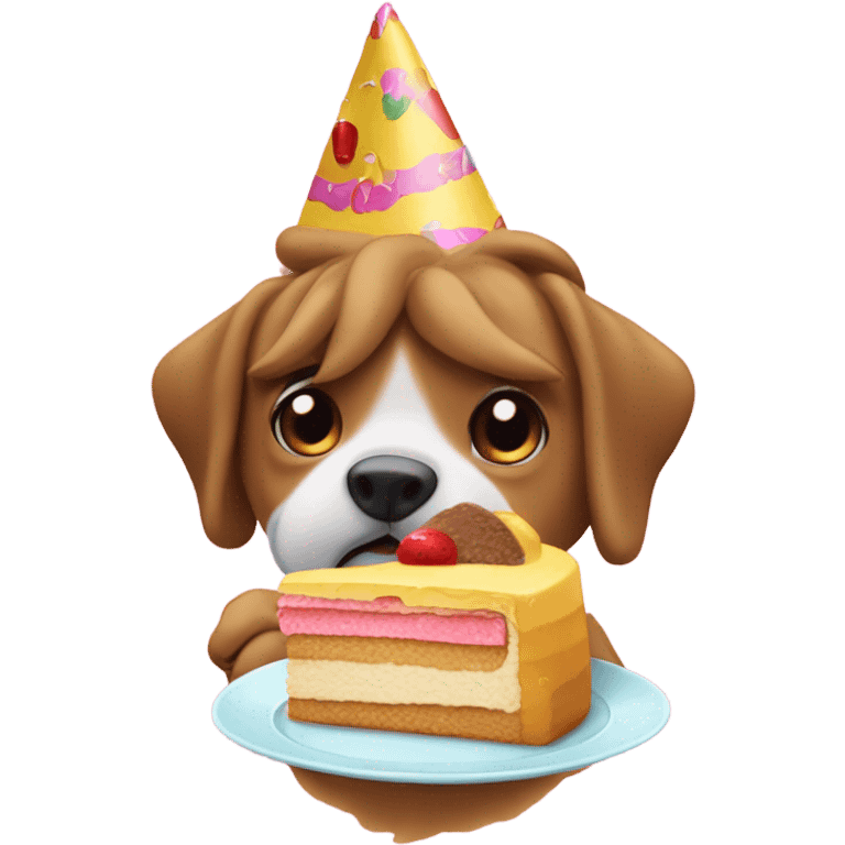 Perro comiendo una tarta con un gorro de fiesta emoji