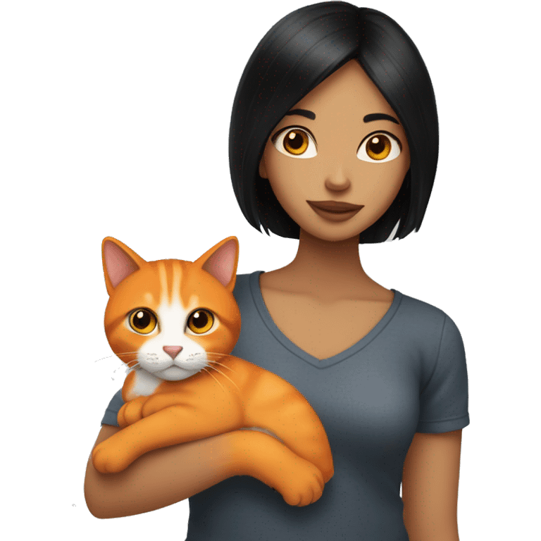 Girl with black hair holding orange cat  emoji