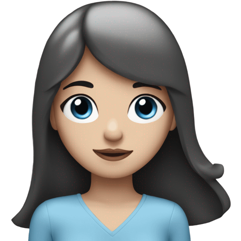 white girl with blue eyes, black hair, bangs, and hearts all around her emoji