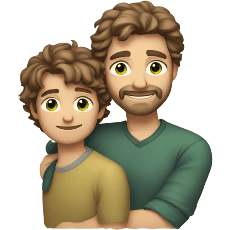 Handsome Father 40s green eyes with short full beard with Son 13s light brown eyes tousled bedhead look both has brunette hair light skin arms on shoulder portrait emoji