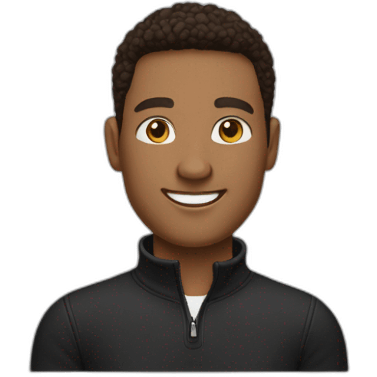 Smiling guy wearing a black quarter zip sweater with white tee shirt under, medium skin tone emoji