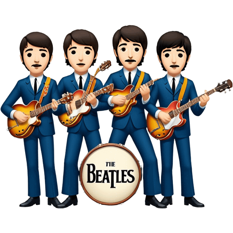 Cinematic Realistic The Beatles Group Emoji, depicted as an iconic band of four exuding playful charisma and musical genius with retro instruments and vibrant expressions, rendered with rich textures and nostalgic dynamic lighting that captures their legendary impact on pop culture. emoji