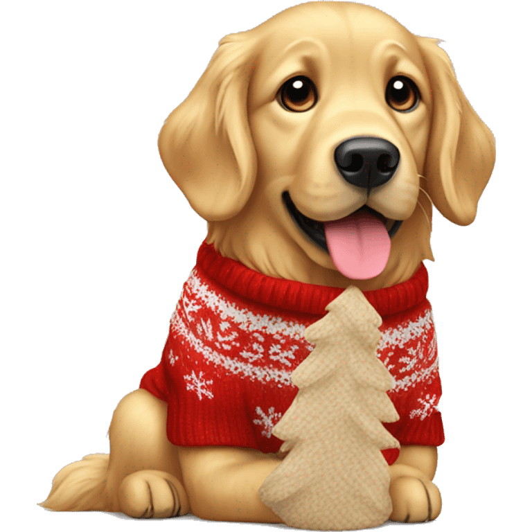 Golden retriever sitting wearing a knitted red Christmas sweater emoji