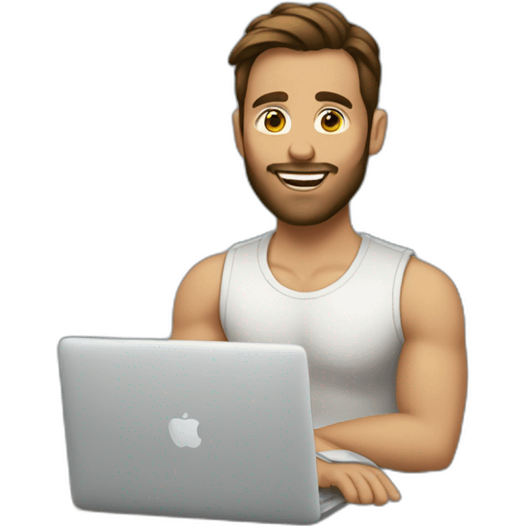 man with brown hair ponytail and shaved beard sitting with macbook emoji