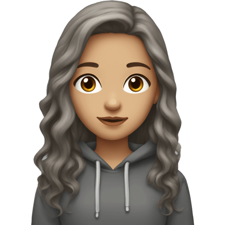 grey eyes, brown wavy long hair, light skin, feminine, dark shirt, grey hoodie, girl emoji