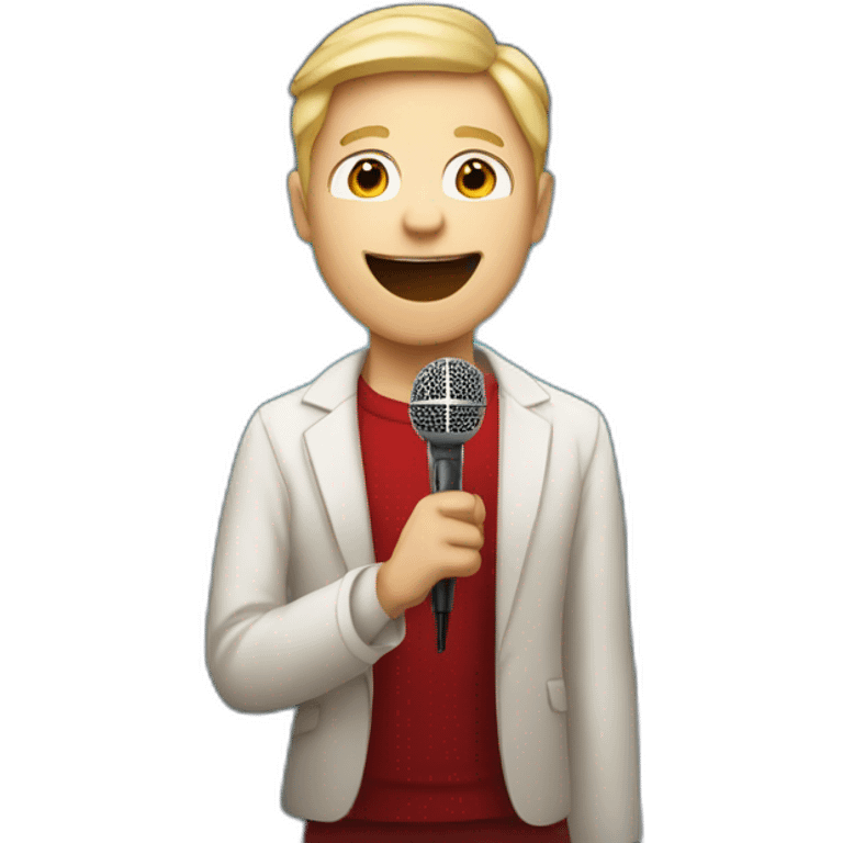 white light skin man person on theater stage with red curtains holding a microphone smiling with light hair emoji