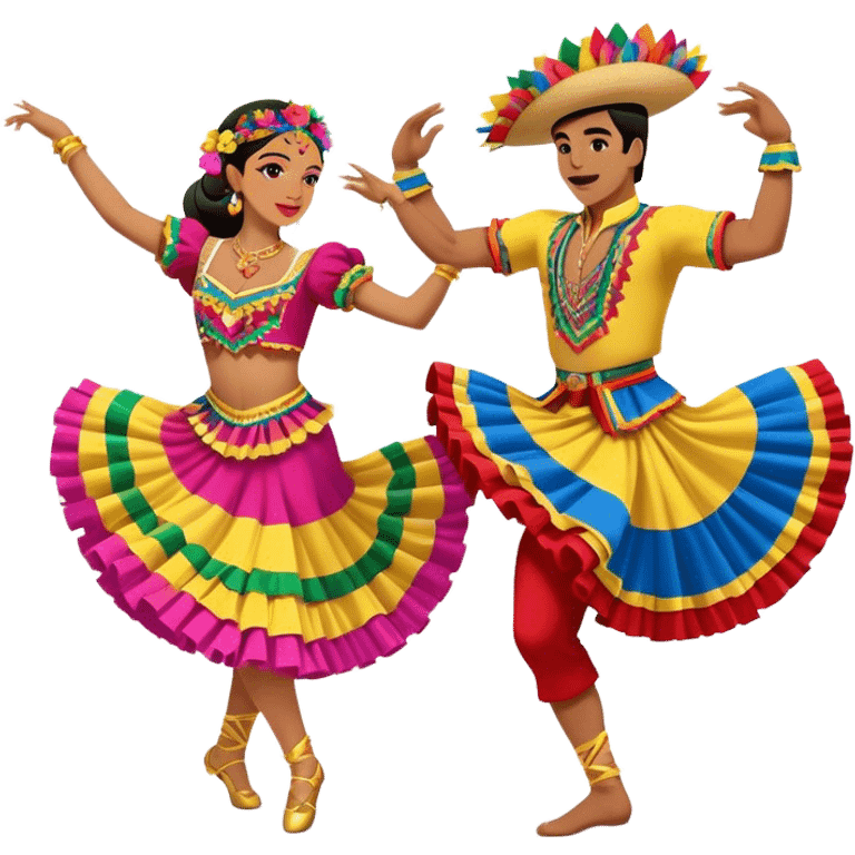 Cinematic Realistic scene of two dancers performing Cumbia, adorned in colorful traditional Colombian costumes with intricate details, captured in rhythmic motion with lively, festive lighting emoji