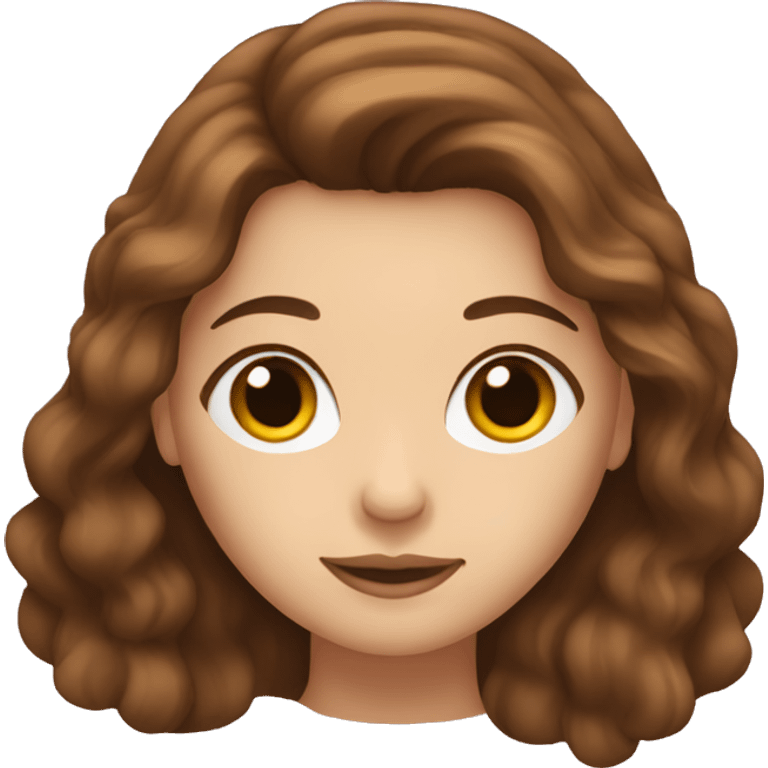 brown-haired woman with long hair, brown eyes, showing a heart emoji