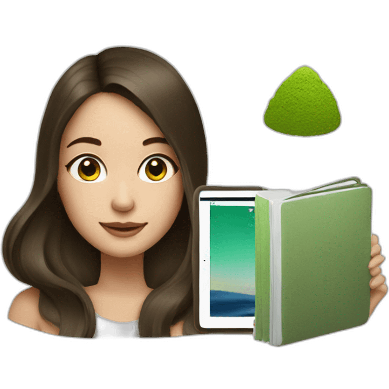 girl brunette with matcha and ipad emoji