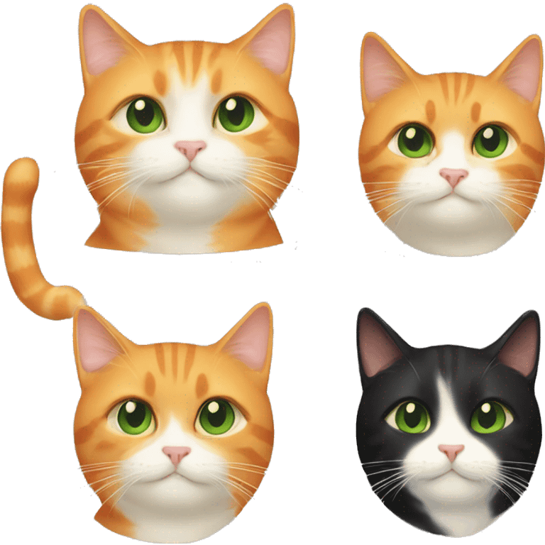 One (1) orange cat with cream lines and two (2) black cats; one with yellow eyes and one with green eyes emoji