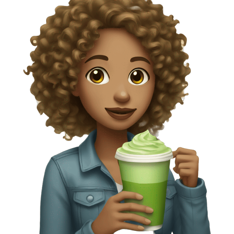 curly hair girl holding matcha latte  emoji