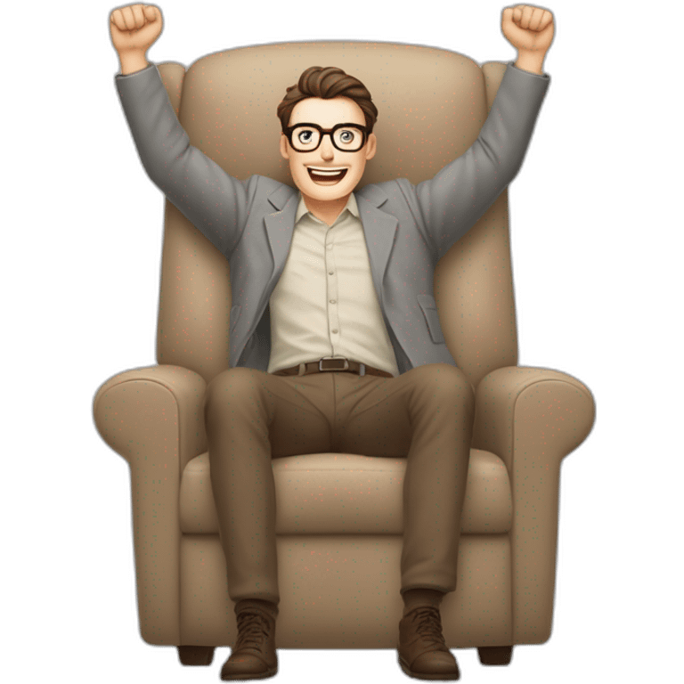 Joyful Celebrating victory Hands up Pale skinned Fit Man With dark brown hair in gray jacket, beige office shirt, Brown pants and vintage glasses sitting In a soft chair emoji