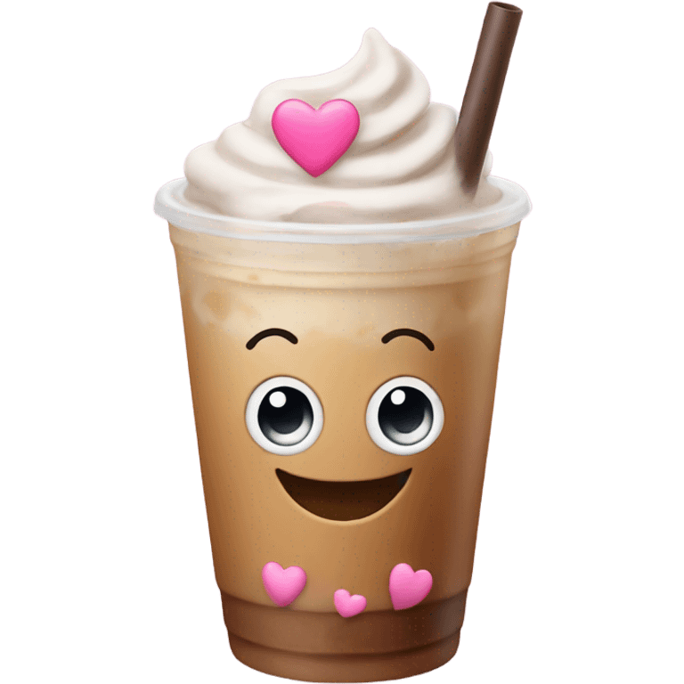 Happy face with iced coffee and pink hearts emoji