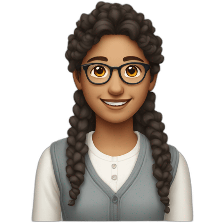 smiling indian teenage girl with curly hair and glasses wearing a collared long sleeve white shirt under a white sweatervest emoji