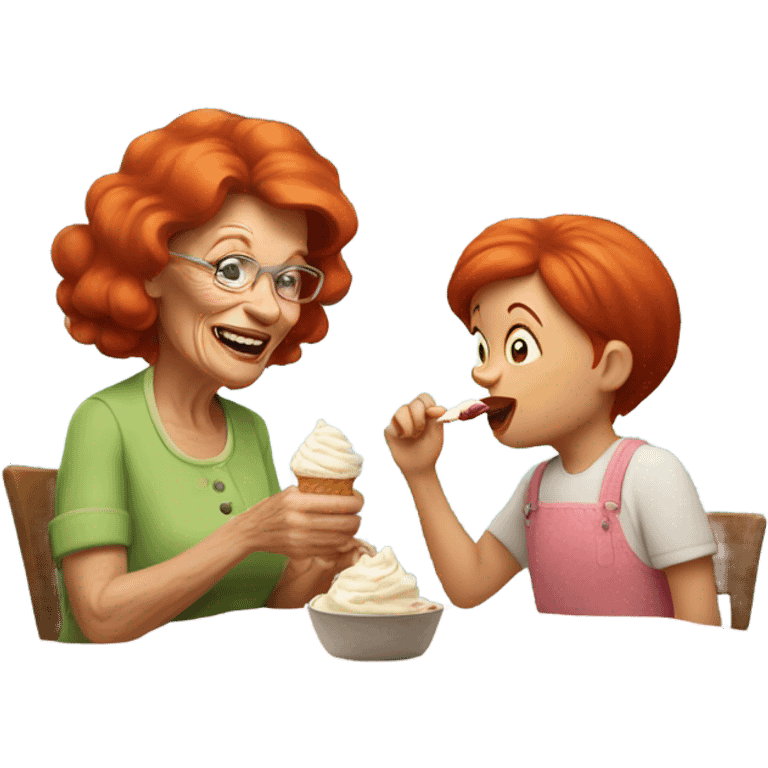 Red headed grandmother eating icecream with her red headed granddaughter  emoji