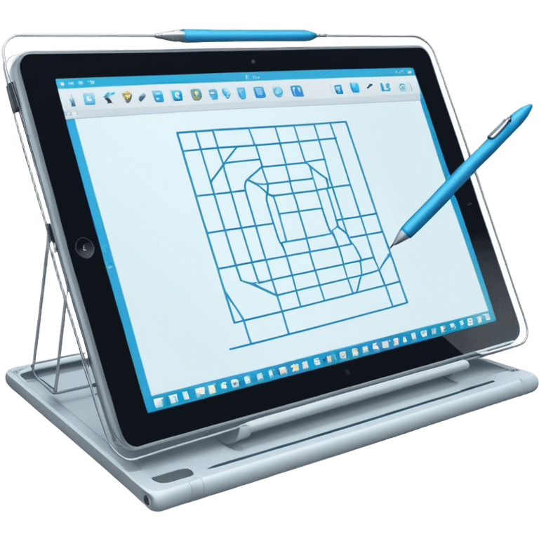 Create an emoji for 3D visualization and modeling. Show a large graphic tablet with a stylus drawing in a 3D modeling program, displaying a wireframe model that pops out from the screen. Use modern, professional colors. Do not include any emojis or smiley faces. Make the background transparent. emoji