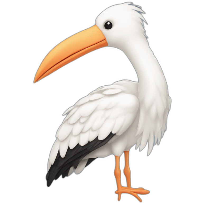  A big white stork carrying a bundle of cloth in its beak that has a cute white skinned baby face peeking out from it with black head emoji