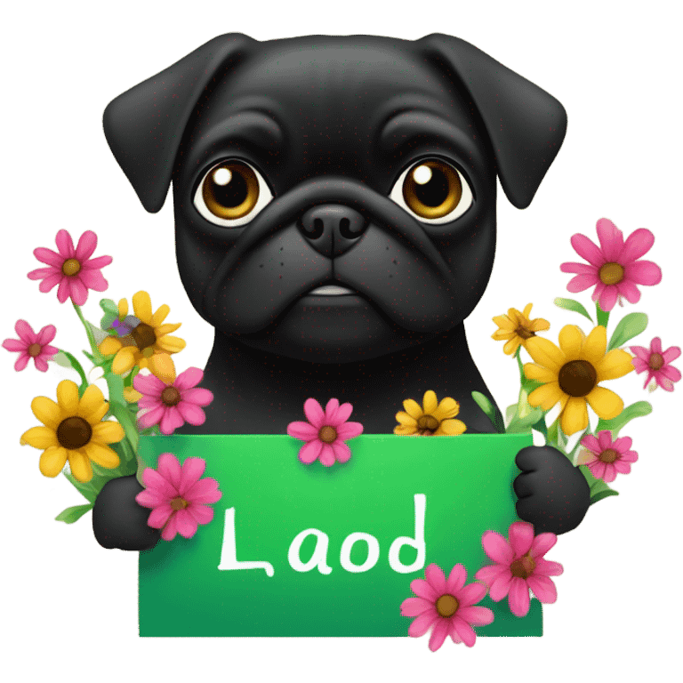 Black pug , surrounded by flowers, holding a green sign that says “good luck”  emoji