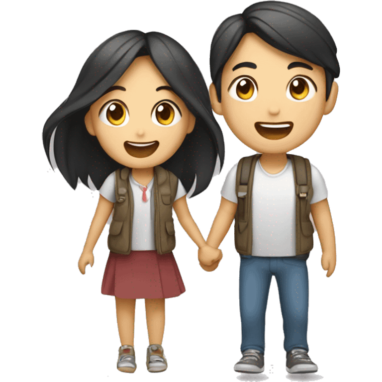 Cute Asian couple (girl with long hair) excitedly traveling  emoji