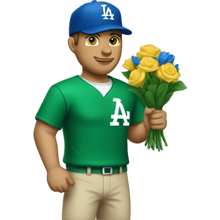 an white man stands still with a "dodger" written green cap and clothes holds flowers emoji