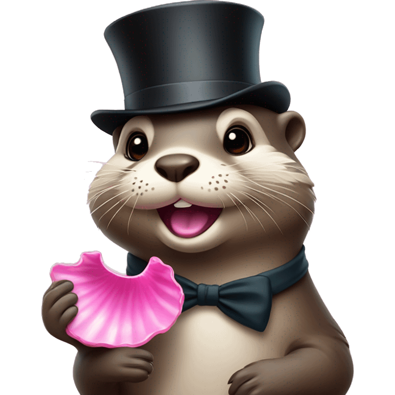 Cute Otter with glasses and top hat holding pink clam shell emoji