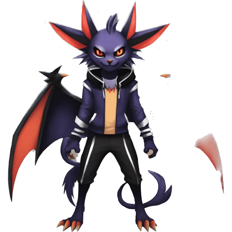 Cool Anthro Black Noivern-Absol-Litten-Pokémon with edgy stripes hoodie spiked collar punk Full Body emoji