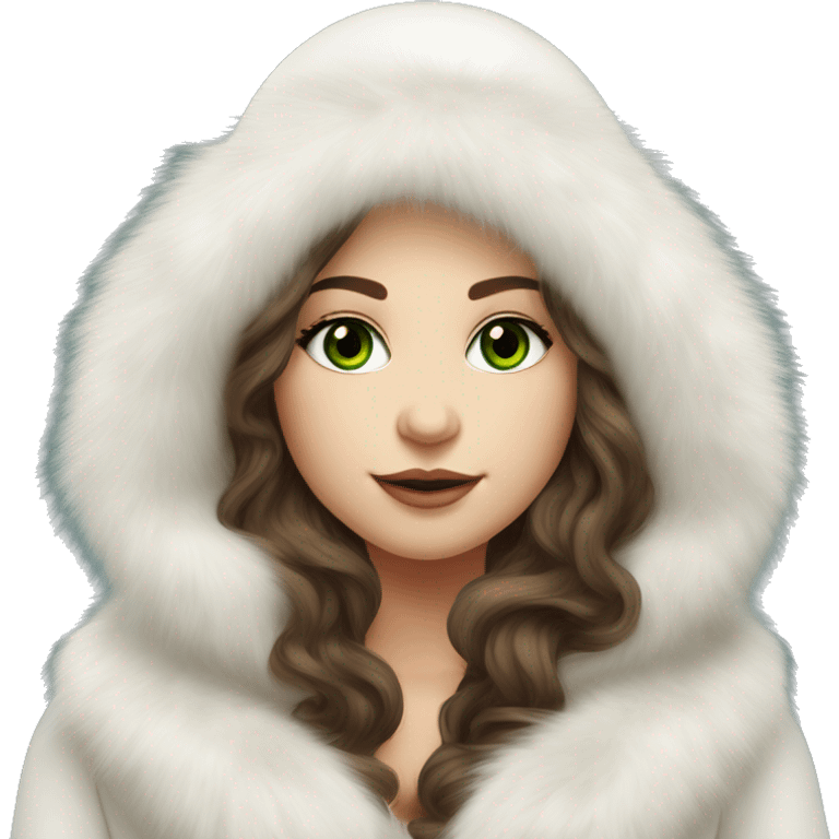 Beautiful Slavic green eyes girl with brown wavy long hair in a white fur hat and white Mink fur coat emoji