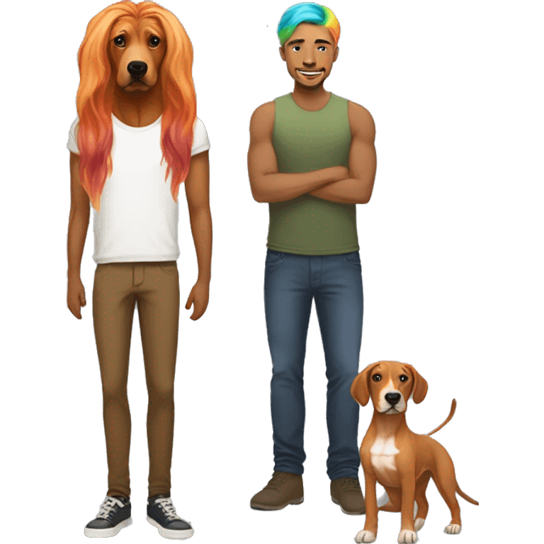 white male with long rainbow colored hair standing alongside a brown rhodesian ridgeback emoji