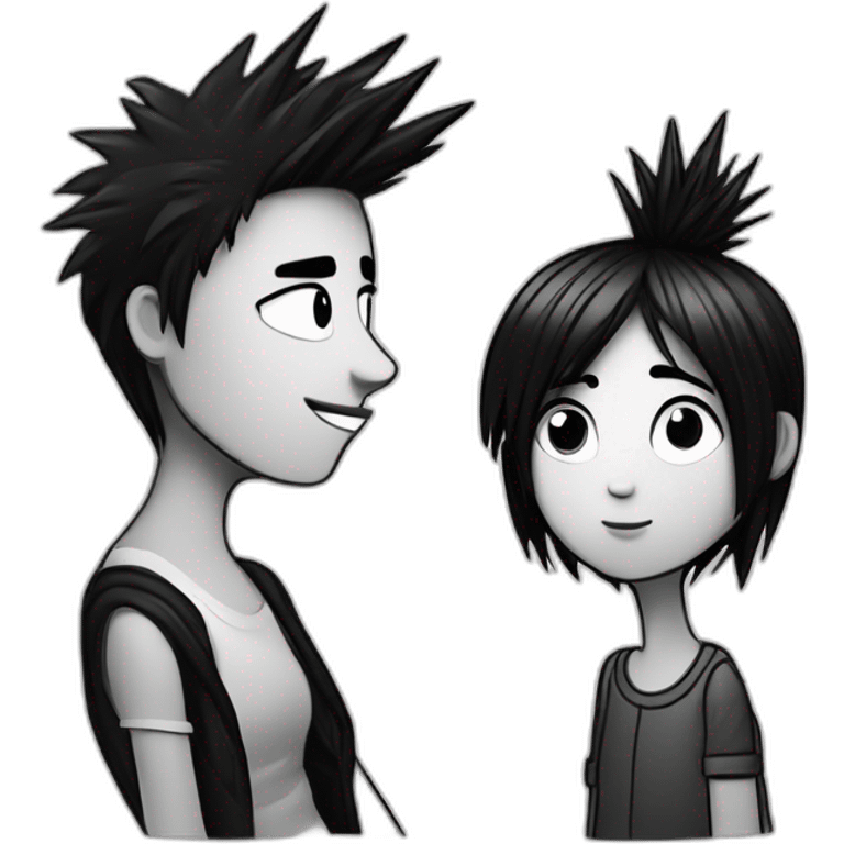 a dog and a girl with black spiky hair looking at each other in style of ((sarah andersen)), black and white,sarah andersen,cartoon,drawn emoji