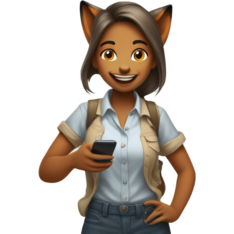  Happy girl Fox in a shirt stands and uses her favourite app in the phone, and stares in the phone emoji