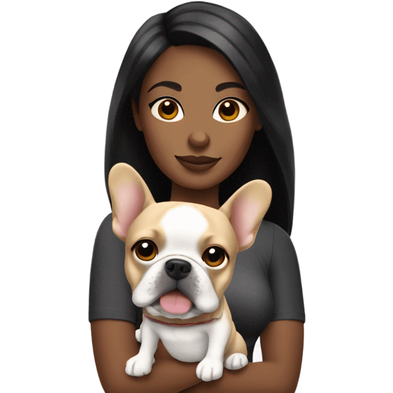 Black hair woman holding blonde French bulldog  emoji