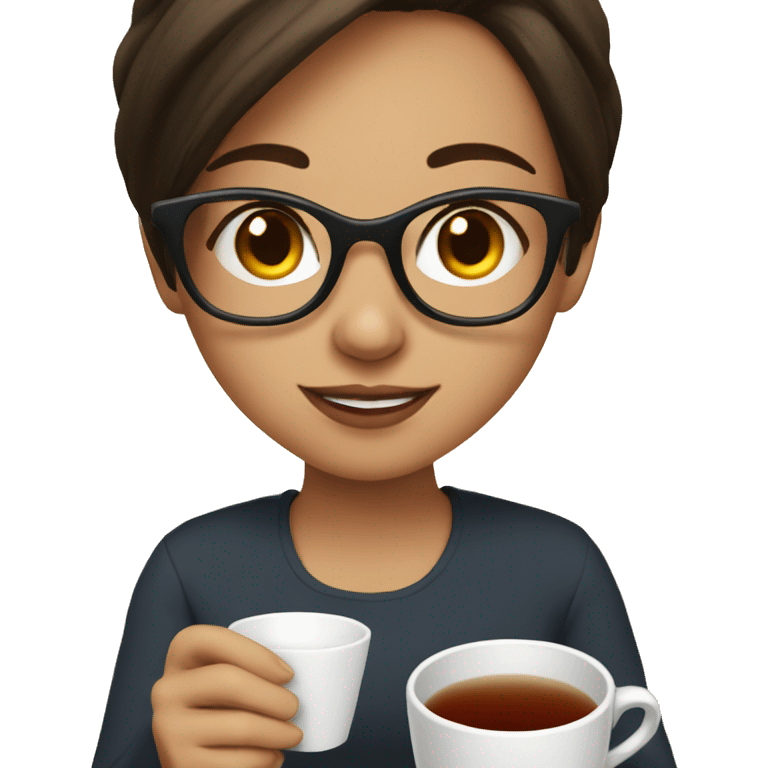 brunette girl with glasses and a cup of tea emoji