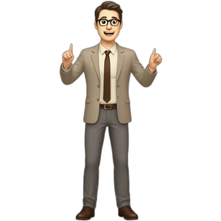 To belt Actively gesturing with hands Pale skinned fit man with dark brown hair in gray jacket, beige office shirt, brown tie, brown pants and vintage glasses. emoji