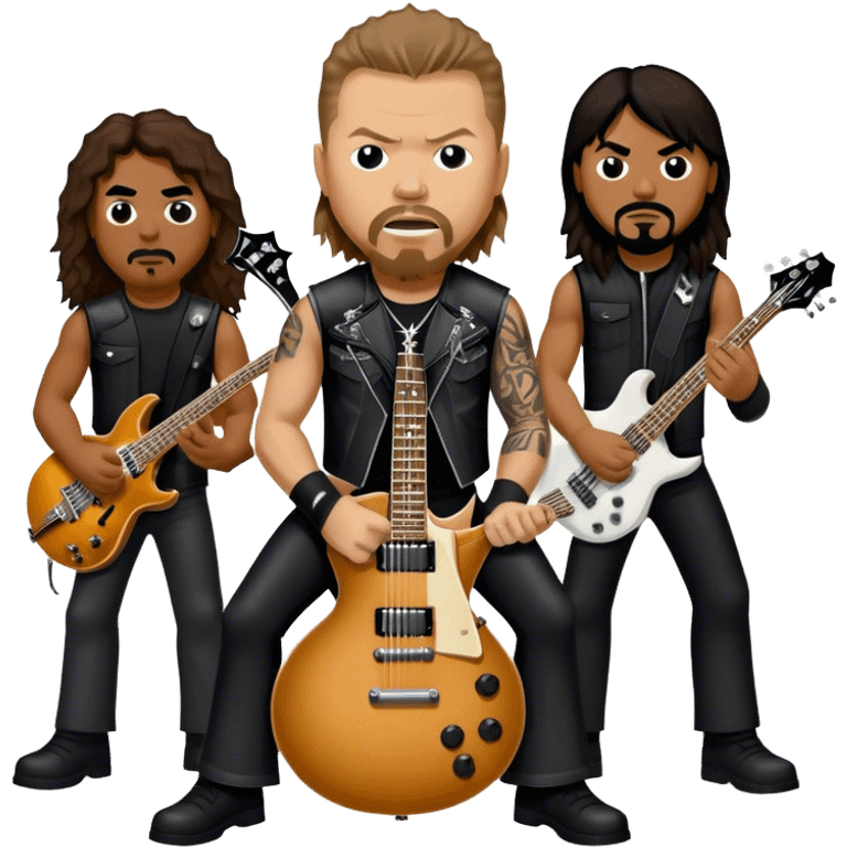 Icon for Metal Music: Metallica band four members detailed in their signature look. James Hetfield with guitar, Lars Ulrich on drums, Kirk Hammett with his electric guitar, and Robert Trujillo playing bass. Bold, energetic style, all in a heavy metal aesthetic. Transparent background. emoji