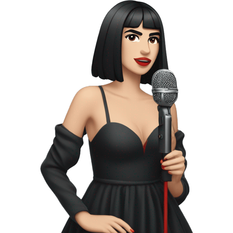 Dua Lipa, full body with black hair, wearing a long black dress with red shoes, singing with microphone in her hand emoji