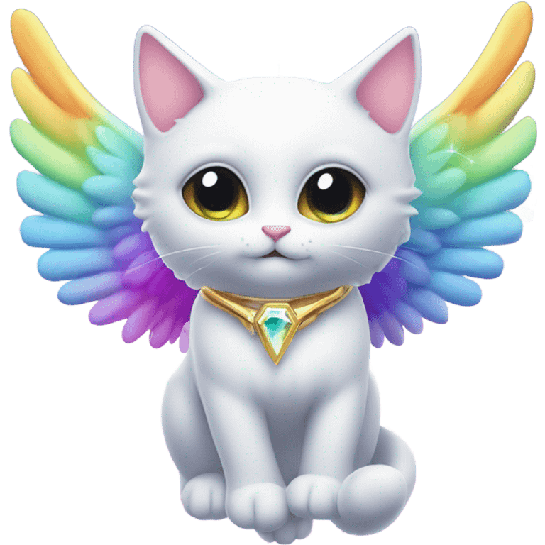 Cute Heavenly Rainbow 4d Diamond ultra Omni-Cat God with wings and a ring around its body and another ring above it’s head  emoji