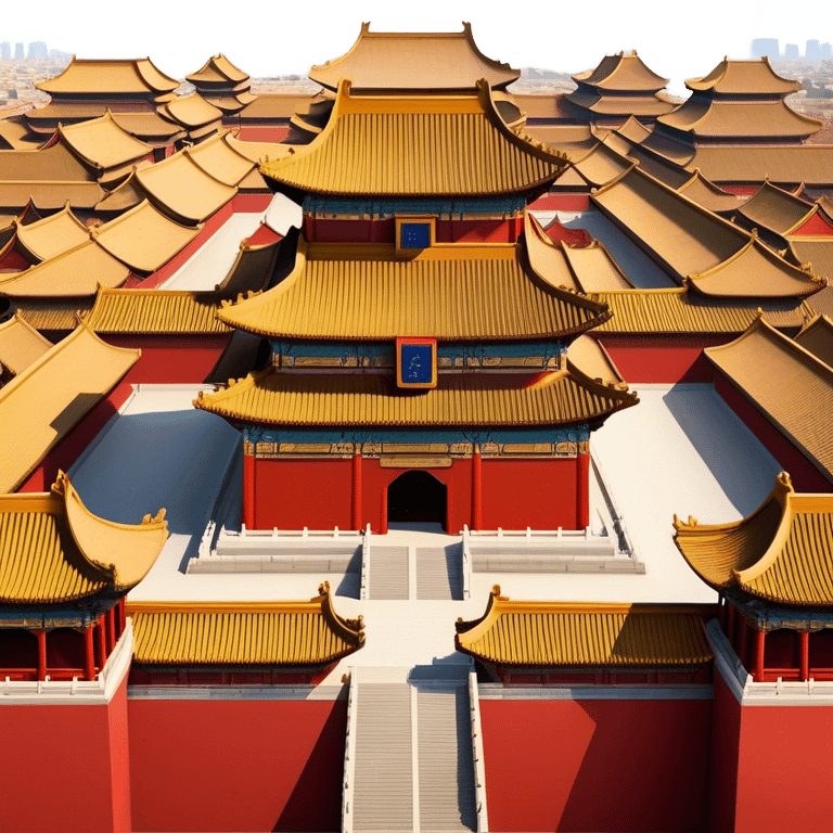 Cinematic Realistic Forbidden City Landmark Emoji, depicting grand imperial architecture with golden rooftops, vast courtyards, and intricate wooden carvings, all surrounded by towering red walls. emoji