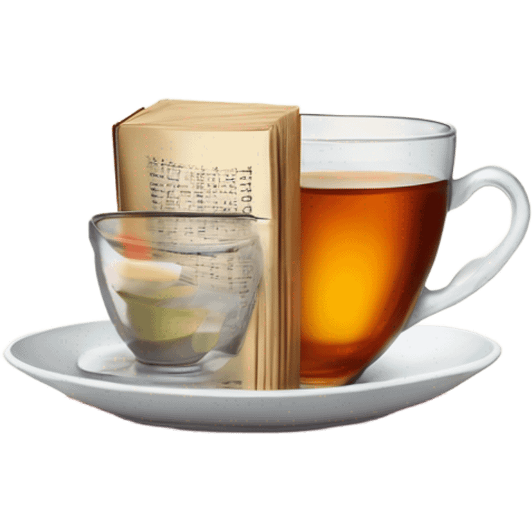 China tea cup with tea and a starch of books with glasses on top emoji