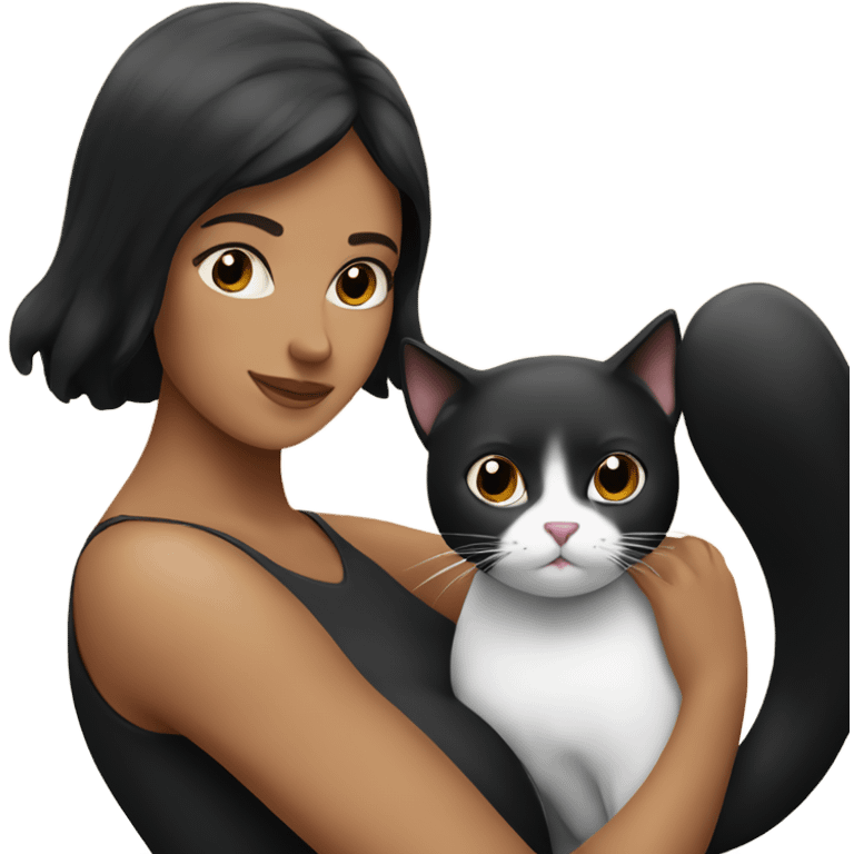 Tanned woman with black hair hugging a black and white cat  emoji