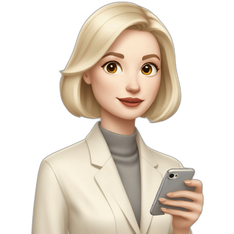 pale skin woman with ash blonde Straightened bob Hair, White Spacious classical jacket, beige palazzo Arrow pants and gray blouse holding white IPhone 15 pro in the hands emoji