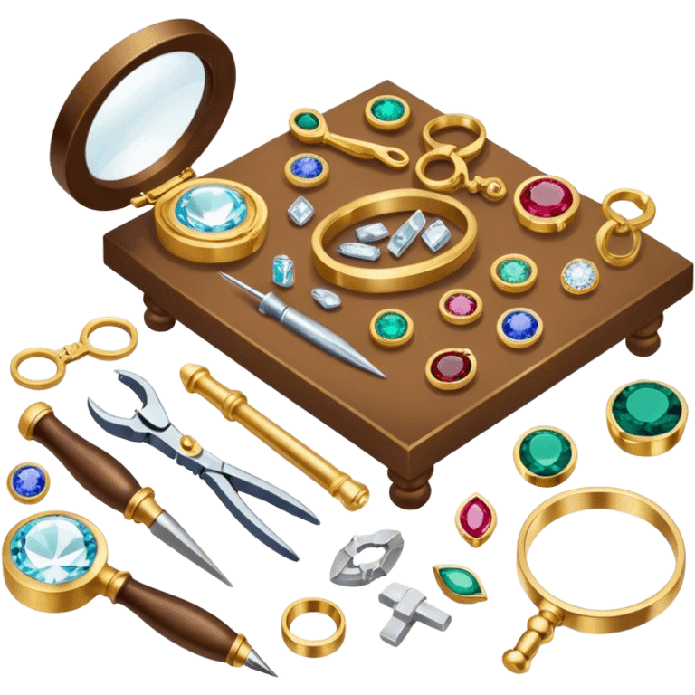 Create an icon that represents the art of jewelry making. The design should include a jeweler's workbench, tools like pliers, a magnifying glass, and various precious materials such as gemstones, gold, and silver. Feature a partially crafted piece of jewelry, like a ring or necklace, showcasing intricate details and craftsmanship. The composition should evoke elegance and precision, reflecting the skill and artistry of jewelry making. The background should be transparent. emoji