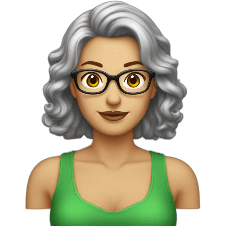 Femme 50 ans cheveux mi longs ondulés gris lunette métal yeux vert noisette emoji