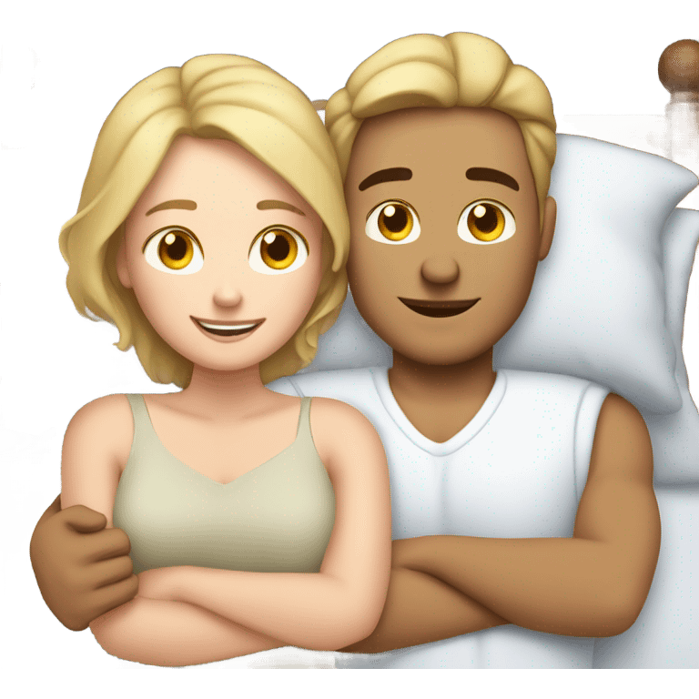 white couple cuddling in bed together  emoji