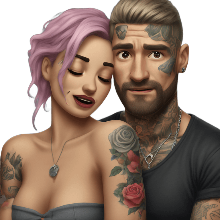 Hyper Realistic Beautiful tattooed woman crying in the arms of a handsome tattooed man  emoji