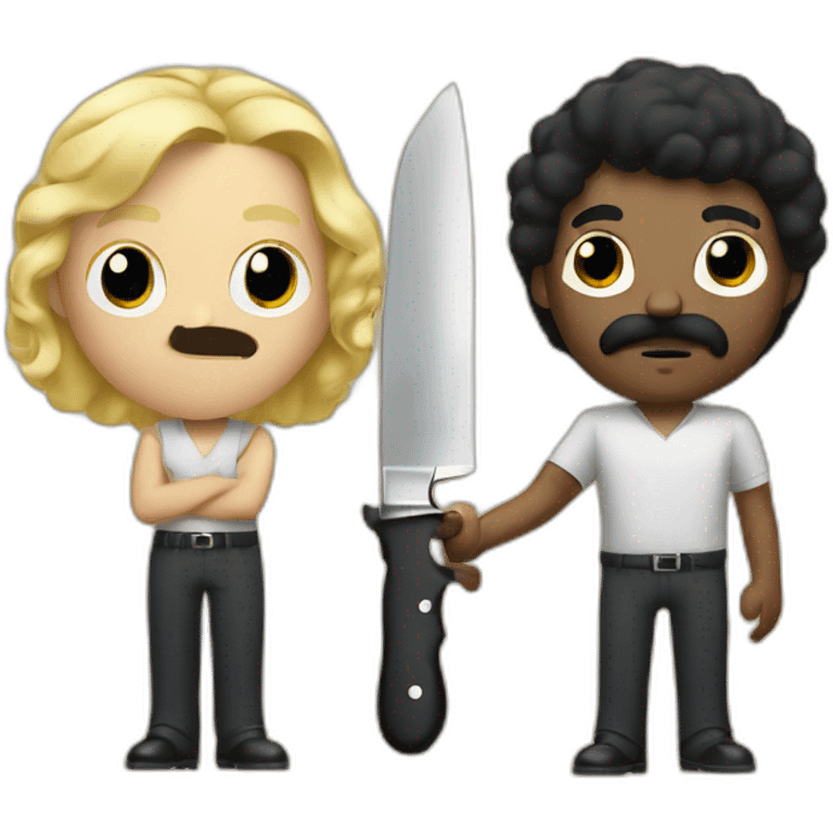 Black hair person with square mustache from 40s holding knife in front of a blond hair man emoji