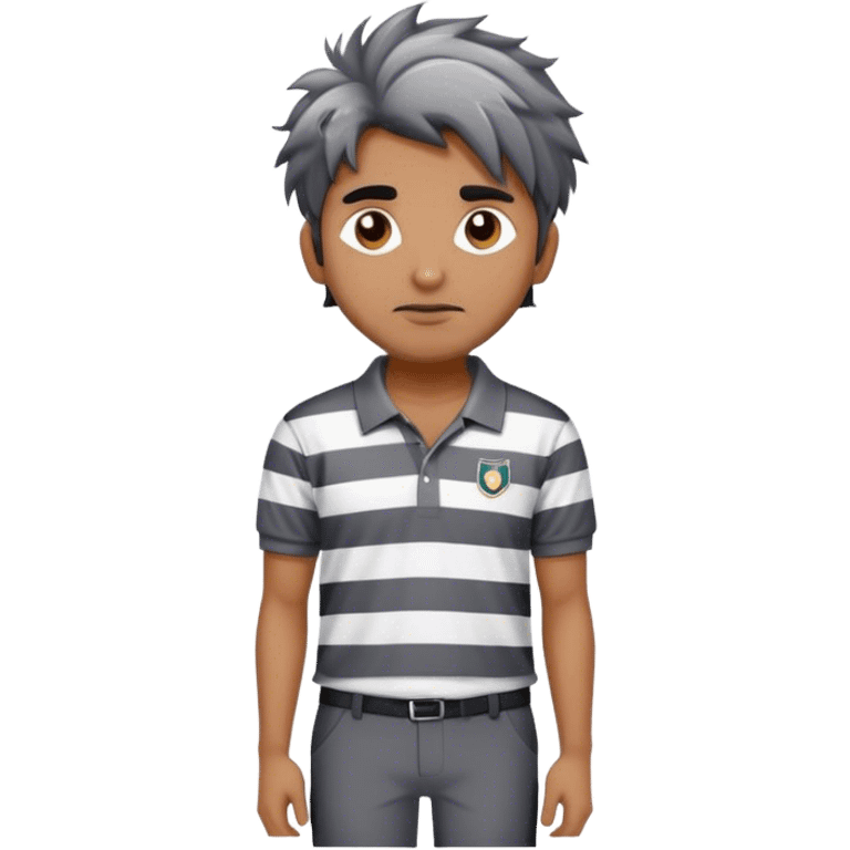 can you make an emoji of a man wearing a polo striped sweater and blak pants . gray and whtie stripes on the sweater, indian man with messy hair emoji