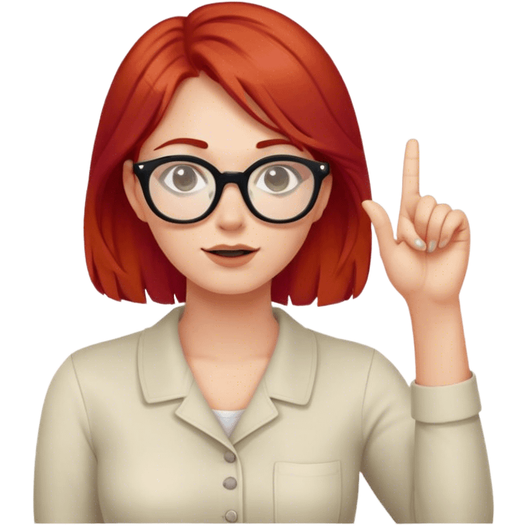 intelligent, 30 year old, girl, red hair, glasses, has an idea and hold der finger in the air emoji